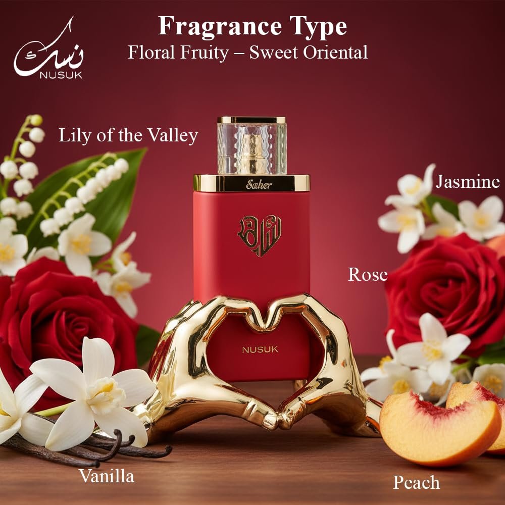 Nusuk Saher Extrait de Parfum for Women – Long-Lasting Luxury Perfume with Apple, Jasmine, Rose & Vanilla Notes, 100ml Avelisse