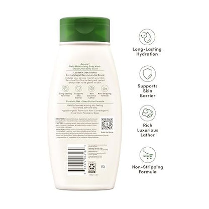 Aveeno Daily Moisturizing Body Wash with Cocoa Butter Vanilla Scent & Soothing Prebiotic Oat – Long-Lasting Hydration for Sensitive Skin, Hypoallergenic, Paraben-Free, 18 fl. oz