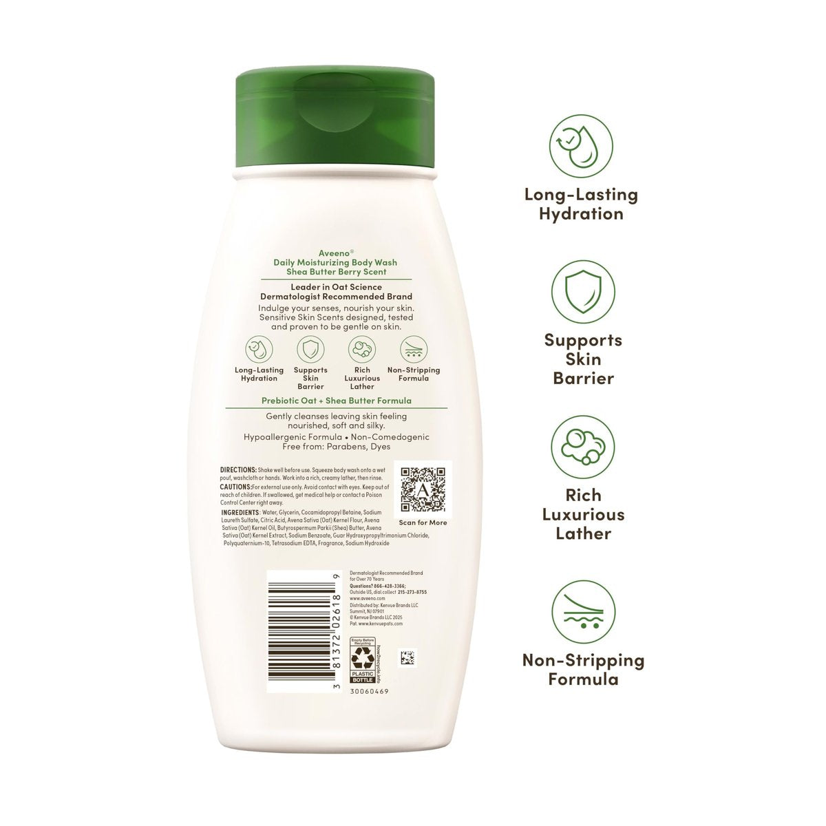 Aveeno Daily Moisturizing Body Wash with Shea Butter Berry Scent & Soothing Prebiotic Oat, Hypoallergenic & Paraben-Free, 18 fl. oz - görsel 15