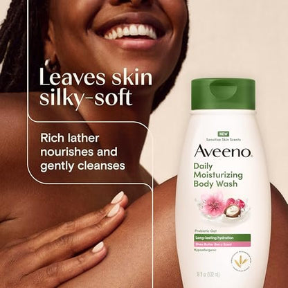 Aveeno Daily Moisturizing Body Wash with Shea Butter Berry Scent & Soothing Prebiotic Oat, Hypoallergenic & Paraben-Free, 18 fl. oz