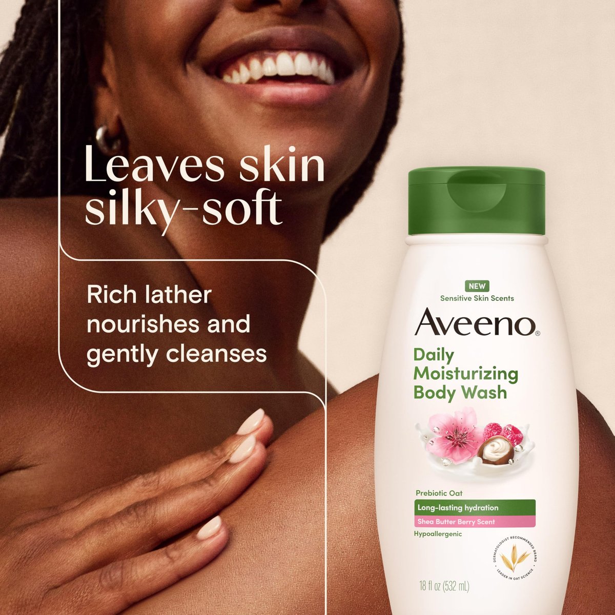 Aveeno Daily Moisturizing Body Wash with Shea Butter Berry Scent & Soothing Prebiotic Oat, Hypoallergenic & Paraben-Free, 18 fl. oz - görsel 9