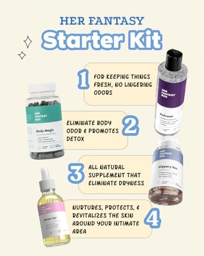 Her Fantasy Box Starter Kit – Complete Feminine Wellness Bundle with Chlorophyll Capsules, pH Balancing Shower Gel, Rejuvenating Yoni Oil & Slippery Elm Capsules for Freshness, Balance & Nourished Skin Avelisse