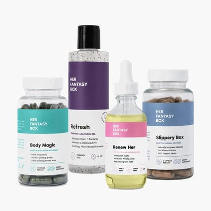 Her Fantasy Box Starter Kit – Complete Feminine Wellness Bundle with Chlorophyll Capsules, pH Balancing Shower Gel, Rejuvenating Yoni Oil & Slippery Elm Capsules for Freshness, Balance & Nourished Skin Avelisse