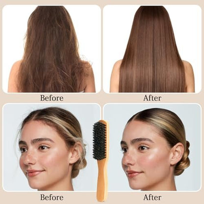 Goiple Boar Bristle Slick Back Hair Brush – Smooth Flyaways, Frizz Control, Sleek Ponytails & Buns – Wooden Edge Brush for Women, Men & Kids (Pink)