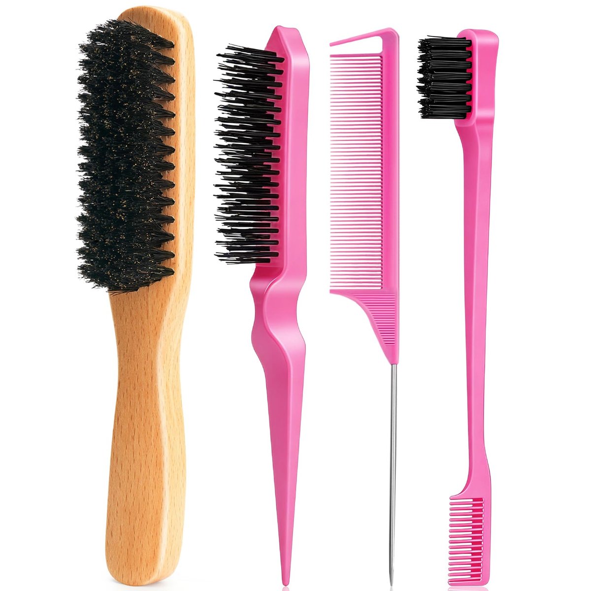 Goiple Boar Bristle Slick Back Hair Brush – Smooth Flyaways, Frizz Control, Sleek Ponytails & Buns – Wooden Edge Brush for Women, Men & Kids (Pink) - görsel 1