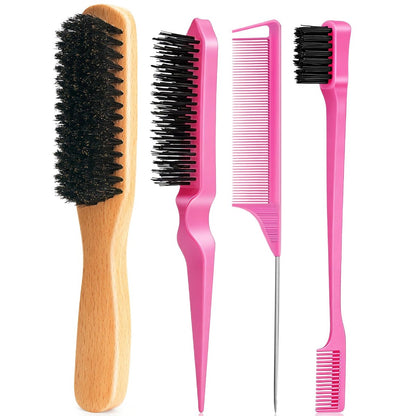 Goiple Boar Bristle Slick Back Hair Brush – Smooth Flyaways, Frizz Control, Sleek Ponytails & Buns – Wooden Edge Brush for Women, Men & Kids (Pink)