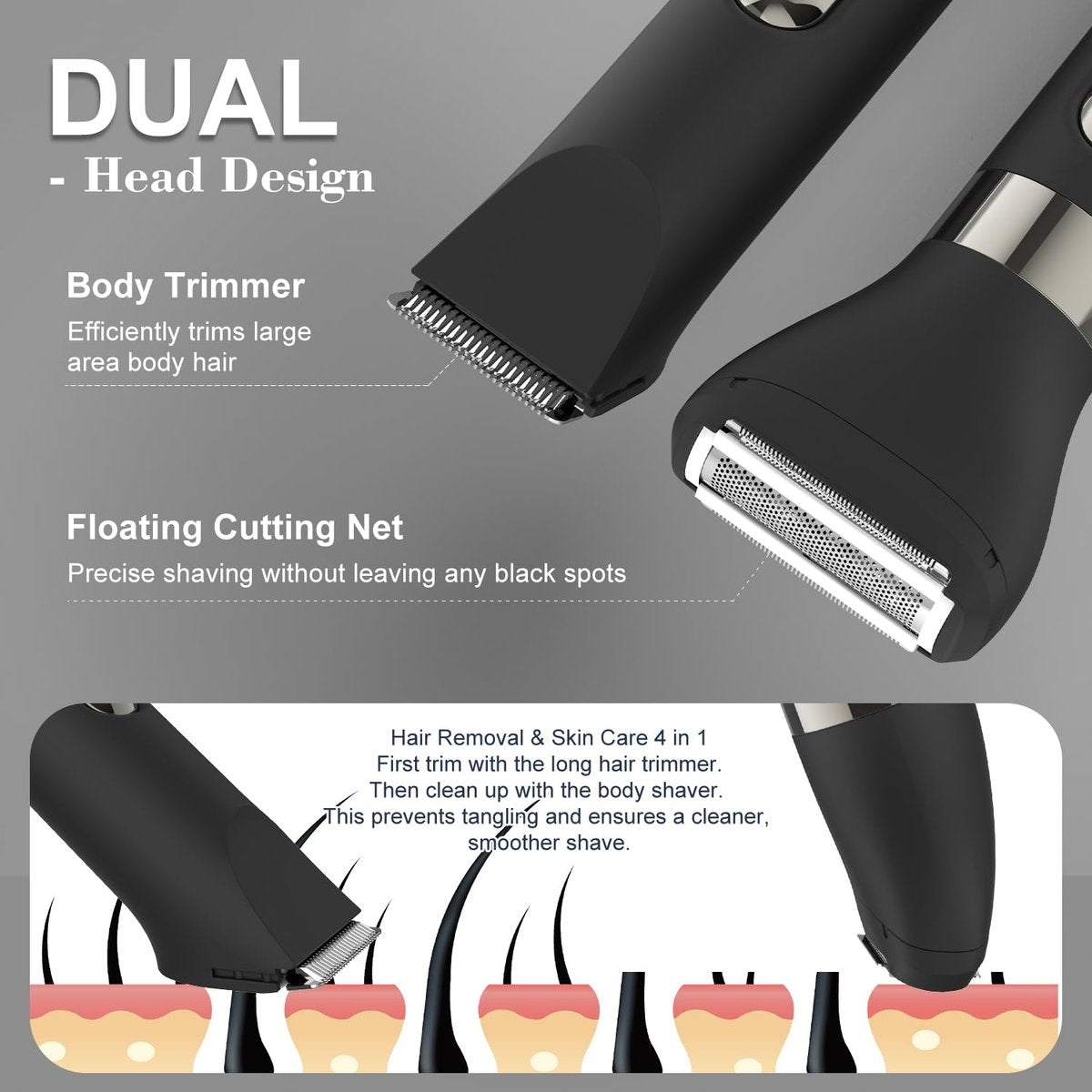 Hatteker 4 in 1 Multifunctional Dual-Head Body Hair Trimmer for Men - IPX7 Waterproof Groin & Body Groomer, Rechargeable Electric Shaver Razor (Black) Avelisse