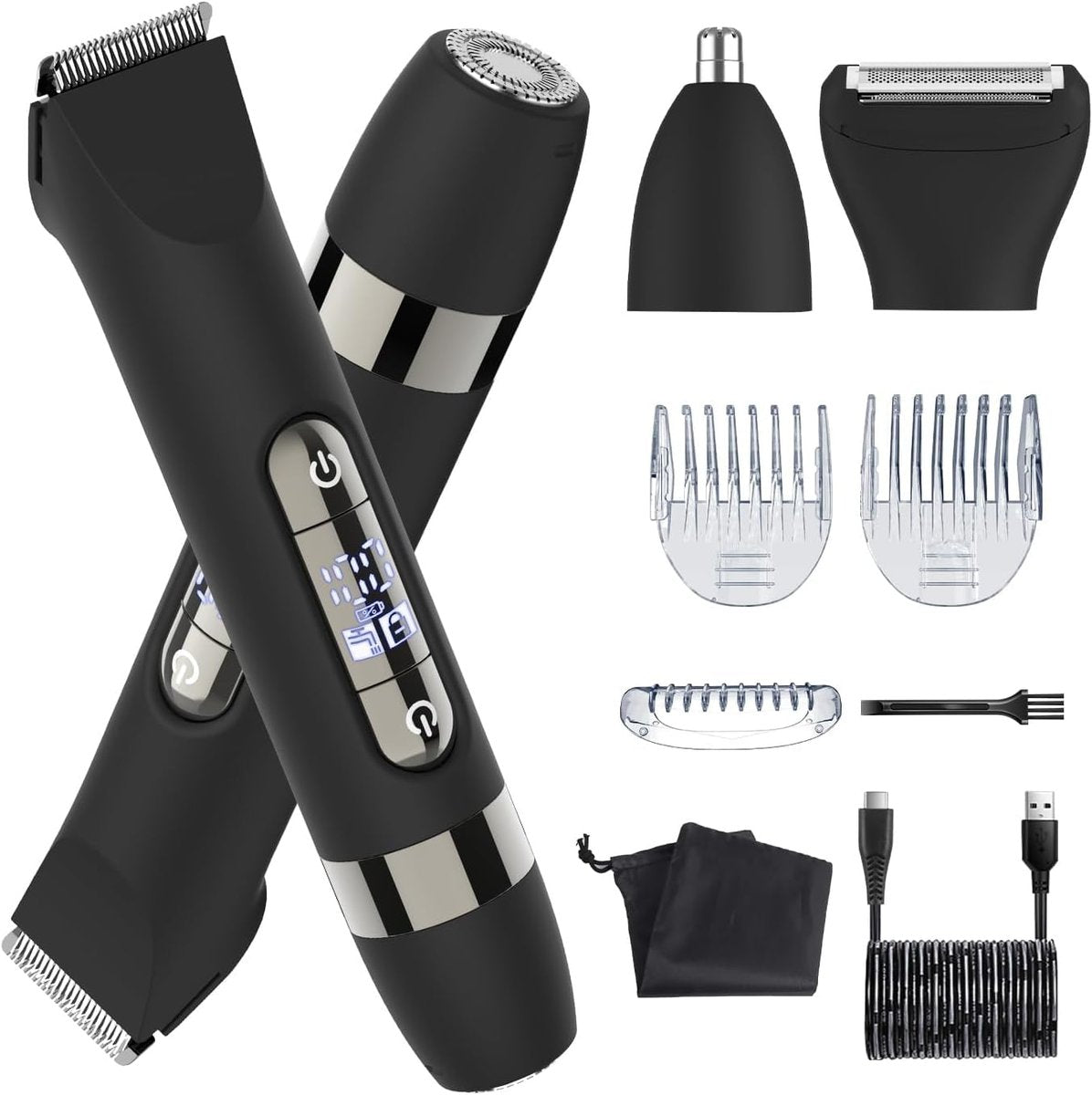 Hatteker 4 in 1 Multifunctional Dual-Head Body Hair Trimmer for Men - IPX7 Waterproof Groin & Body Groomer, Rechargeable Electric Shaver Razor (Black) Avelisse