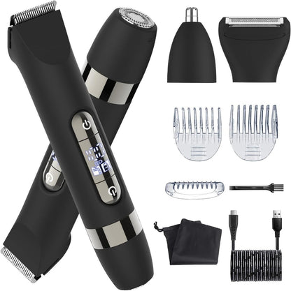 Hatteker 4 in 1 Multifunctional Dual-Head Body Hair Trimmer for Men - IPX7 Waterproof Groin & Body Groomer, Rechargeable Electric Shaver Razor (Black) Avelisse