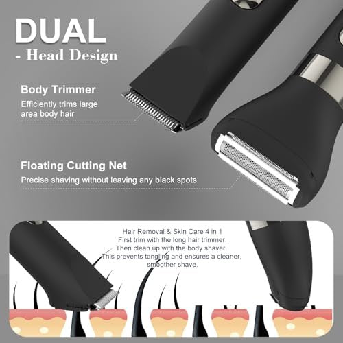 Hatteker 4 in 1 Multifunctional Dual-Head Body Hair Trimmer for Men - IPX7 Waterproof Groin & Body Groomer, Rechargeable Electric Shaver Razor (Black) Avelisse