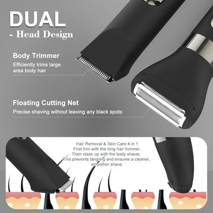 Hatteker 4 in 1 Multifunctional Dual-Head Body Hair Trimmer for Men - IPX7 Waterproof Groin & Body Groomer, Rechargeable Electric Shaver Razor (Black) Avelisse