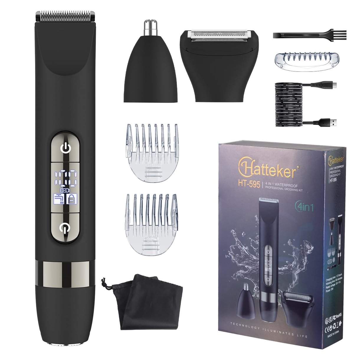 Hatteker 4 in 1 Multifunctional Dual-Head Body Hair Trimmer for Men - IPX7 Waterproof Groin & Body Groomer, Rechargeable Electric Shaver Razor (Black) Avelisse