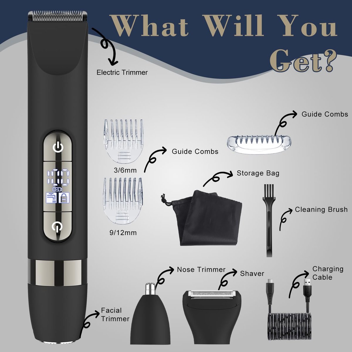 Hatteker 4 in 1 Multifunctional Dual-Head Body Hair Trimmer for Men - IPX7 Waterproof Groin & Body Groomer, Rechargeable Electric Shaver Razor (Black) Avelisse