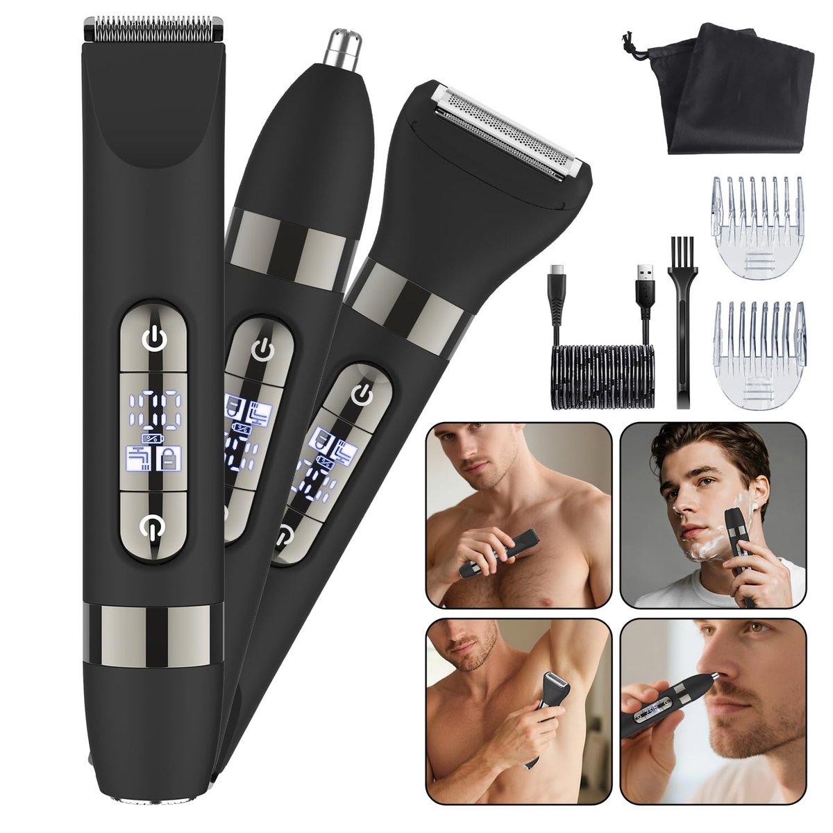 Hatteker 4 in 1 Multifunctional Dual-Head Body Hair Trimmer for Men - IPX7 Waterproof Groin & Body Groomer, Rechargeable Electric Shaver Razor (Black) Avelisse
