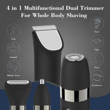 Hatteker 4 in 1 Multifunctional Dual-Head Body Hair Trimmer for Men - IPX7 Waterproof Groin & Body Groomer, Rechargeable Electric Shaver Razor (Black) Avelisse