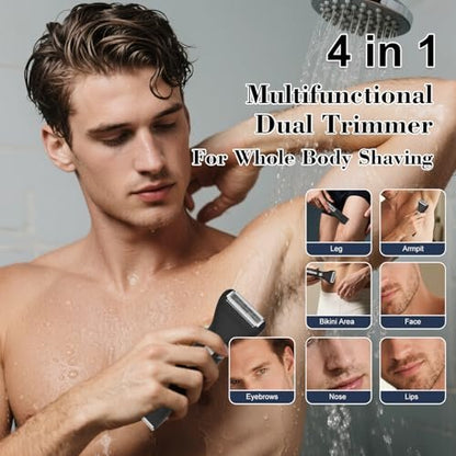Hatteker 4 in 1 Multifunctional Dual-Head Body Hair Trimmer for Men - IPX7 Waterproof Groin & Body Groomer, Rechargeable Electric Shaver Razor (Black) Avelisse