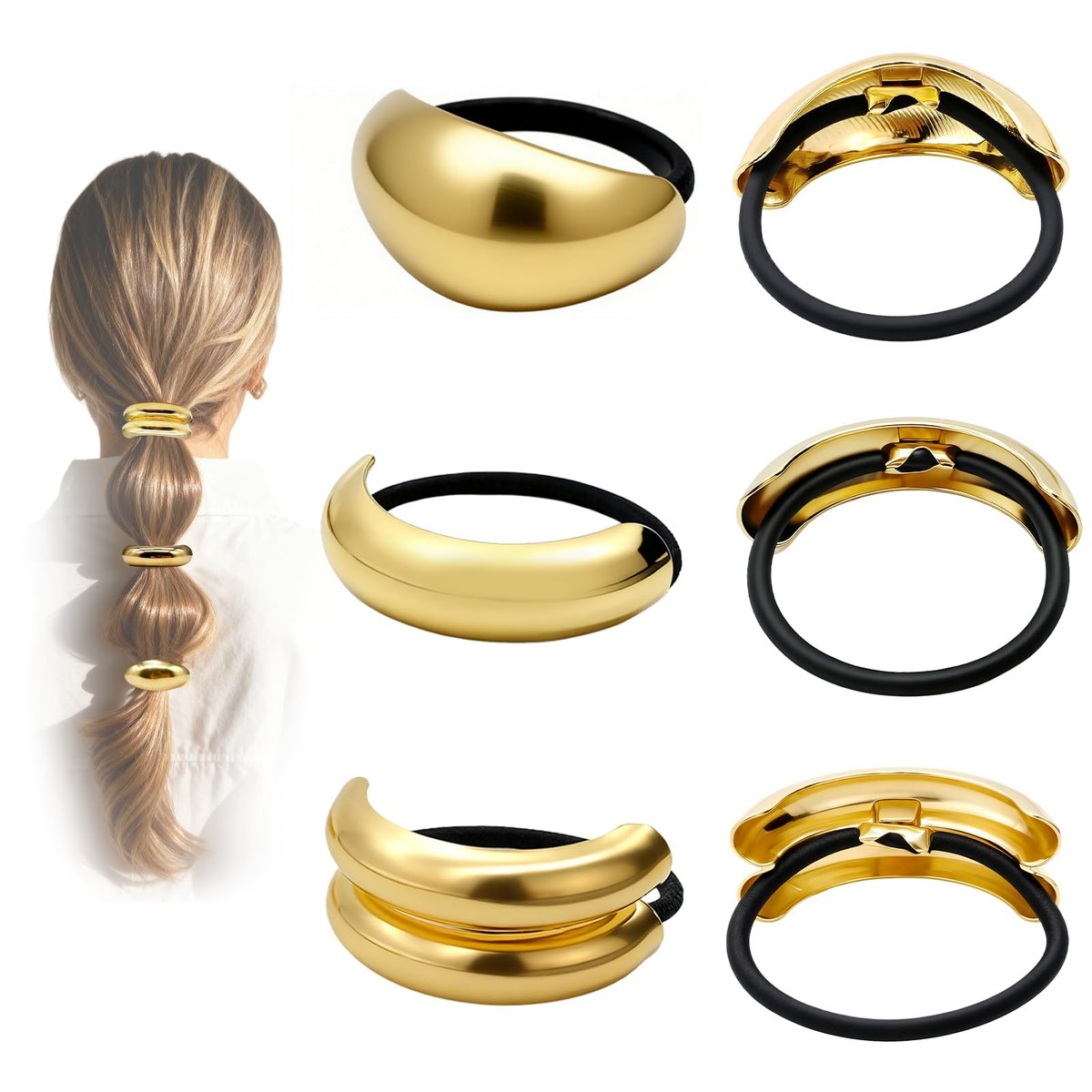 6 Pcs Gold Hair Ties – Elegant Metal Hair Cuffs for Women & Girls, Non-Damage Ponytail Holders for Thick Hair (3 Styles) - görsel 1