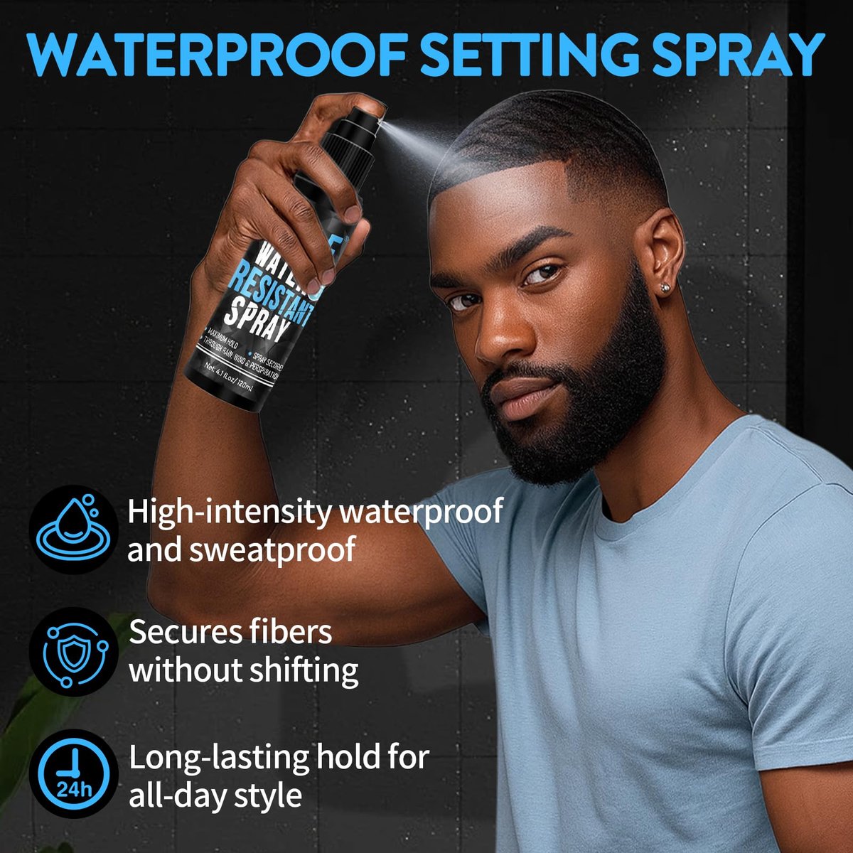Hair Fiber Water Resistant Spray for Men – Extra Hold, Waterproof Hairline Enhancer & Volumizing Spray for Black Hair & Beard (4 Fl Oz) - görsel 3