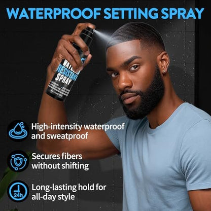Hair Fiber Water Resistant Spray for Men – Extra Hold, Waterproof Hairline Enhancer & Volumizing Spray for Black Hair & Beard (4 Fl Oz)