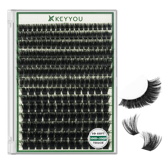 KEYYOU 3D Effect Lash Clusters 231pcs – 100D/200D D Curl Wispy Lashes 10-18mm, Individual Cluster Lashes for Natural Volume DIY