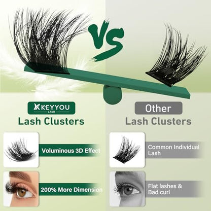 KEYYOU 3D Effect Lash Clusters 231pcs – 100D/200D D Curl Wispy Lashes 10-18mm, Individual Cluster Lashes for Natural Volume DIY