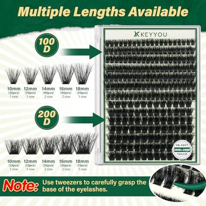 KEYYOU 3D Effect Lash Clusters 231pcs – 100D/200D D Curl Wispy Lashes 10-18mm, Individual Cluster Lashes for Natural Volume DIY