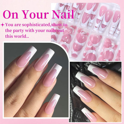 HWHUNO 4 Design French Soft Gel Toe Nail Tips Set - 120Pcs White Pink Black Full Cover Square Tip Press on Nails & Wider Toenails for Women, Home DIY Salon (15 Sizes)