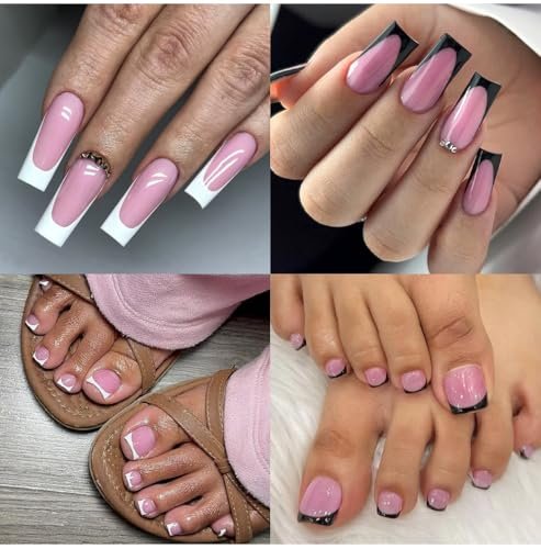 HWHUNO 4 Design French Soft Gel Toe Nail Tips Set - 120Pcs White Pink Black Full Cover Square Tip Press on Nails & Wider Toenails for Women, Home DIY Salon (15 Sizes) - görsel 4