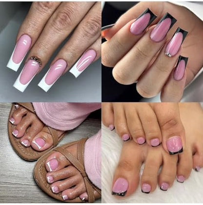 HWHUNO 4 Design French Soft Gel Toe Nail Tips Set - 120Pcs White Pink Black Full Cover Square Tip Press on Nails & Wider Toenails for Women, Home DIY Salon (15 Sizes)