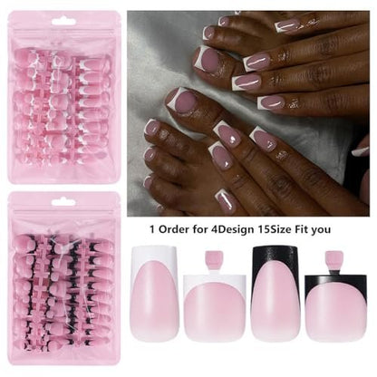HWHUNO 4 Design French Soft Gel Toe Nail Tips Set - 120Pcs White Pink Black Full Cover Square Tip Press on Nails & Wider Toenails for Women, Home DIY Salon (15 Sizes)