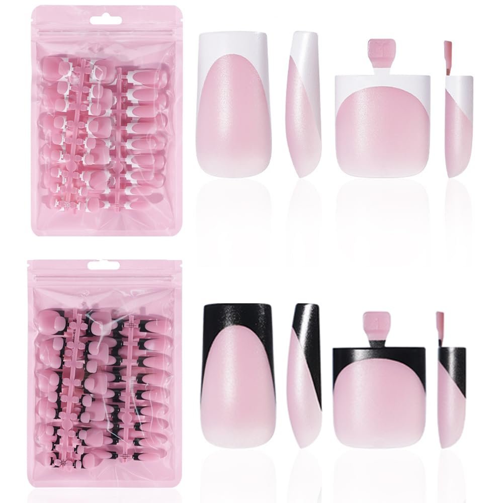 HWHUNO 4 Design French Soft Gel Toe Nail Tips Set - 120Pcs White Pink Black Full Cover Square Tip Press on Nails & Wider Toenails for Women, Home DIY Salon (15 Sizes) - görsel 1
