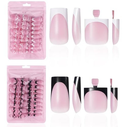 HWHUNO 4 Design French Soft Gel Toe Nail Tips Set - 120Pcs White Pink Black Full Cover Square Tip Press on Nails & Wider Toenails for Women, Home DIY Salon (15 Sizes)