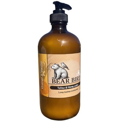 Bear Bird 100% Grass-Fed Tallow & Raw Honey Lotion with Olive Oil, Orange & Vanilla Essential Oils - 16 Fl Oz Avelisse