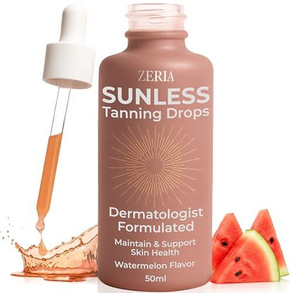 Zeria Tanning Drops to Drink – Sunless Tanning Drops for Face & Body – Vegan, Edible Self Tanner with Beta-Carotene – Natural Glow & Melanin Booster – Watermelon Flavor – 50mL Avelisse