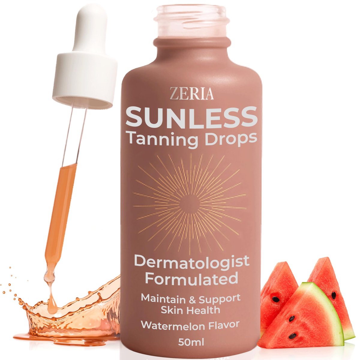 Zeria Tanning Drops to Drink – Sunless Tanning Drops for Face & Body – Vegan, Edible Self Tanner with Beta-Carotene – Natural Glow & Melanin Booster – Watermelon Flavor – 50mL Avelisse
