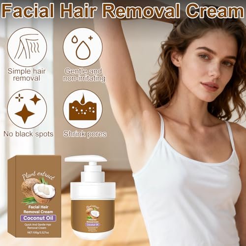 Coconut Oil Facial Hair Removal Cream for Women - Gentle, Plant-Based Hair Remover for Chin & Upper Lip, 3.52 oz Avelisse