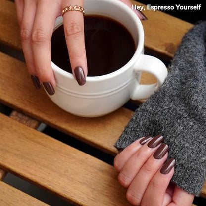 Heyhae Semi Cured Gel Nail Strips – Fall Solid Brown, No LED Lamp Needed, Easy Apply & Remove, Salon Quality – 28 Strips, Prep Pads, File & Stick – Hey, Espresso Yourself