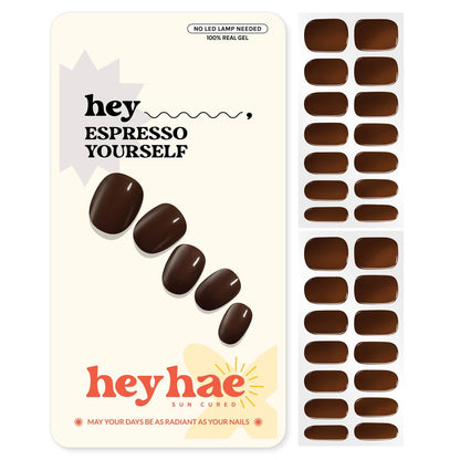Heyhae Semi Cured Gel Nail Strips – Fall Solid Brown, No LED Lamp Needed, Easy Apply & Remove, Salon Quality – 28 Strips, Prep Pads, File & Stick – Hey, Espresso Yourself