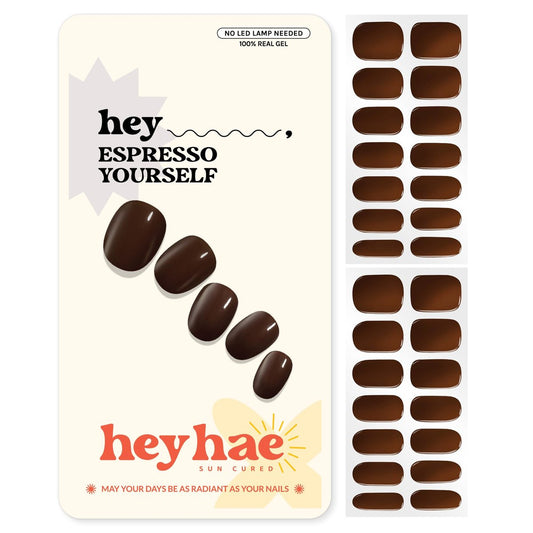 Heyhae Semi Cured Gel Nail Strips – Fall Solid Brown, No LED Lamp Needed, Easy Apply & Remove, Salon Quality – 28 Strips, Prep Pads, File & Stick – Hey, Espresso Yourself
