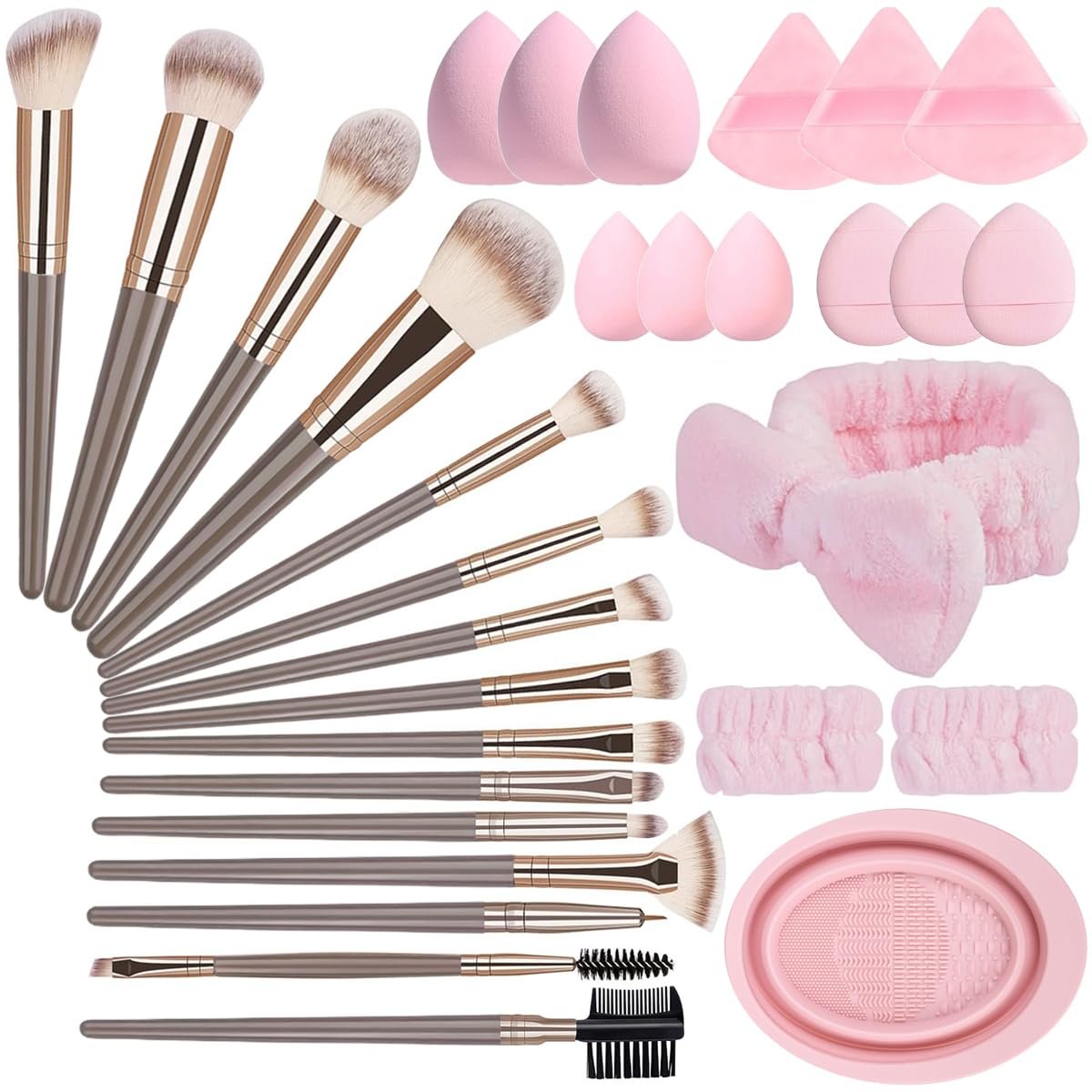 31PCS Professional Makeup Brush Set - Premium Synthetic Brushes with Sponges, Puffs, Spa Headband & Cleaning Basin - Complete Beauty Kit for Face and Eye Avelisse
