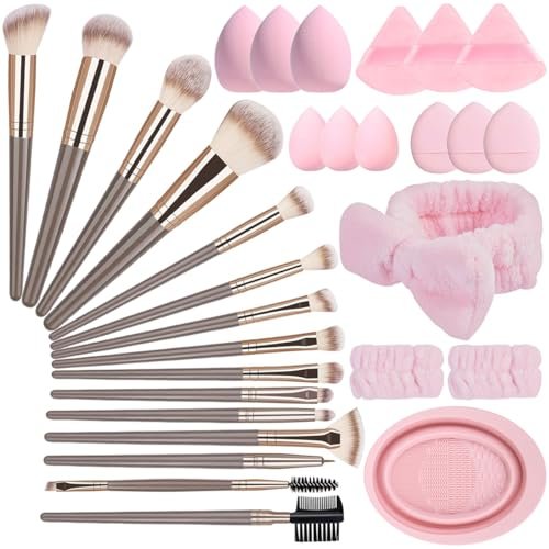 31PCS Professional Makeup Brush Set - Premium Synthetic Brushes with Sponges, Puffs, Spa Headband & Cleaning Basin - Complete Beauty Kit for Face and Eye Avelisse