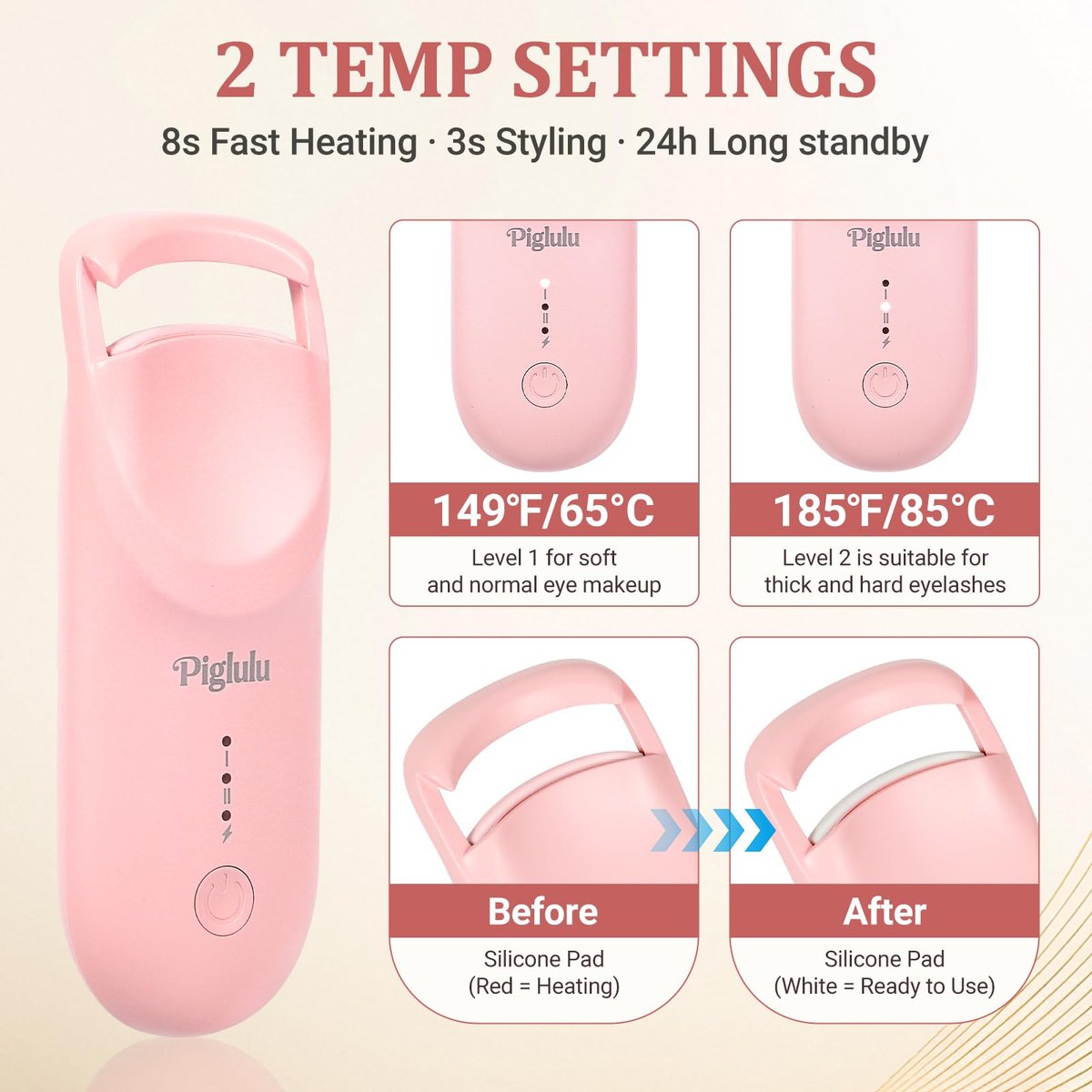 Heated Eyelash Curler - Mini Electric Lash Curler with Fast Heating, 2-Level Temp Control, Anti-Burn Silicone Pad, Type-C Charging - Pink - görsel 9