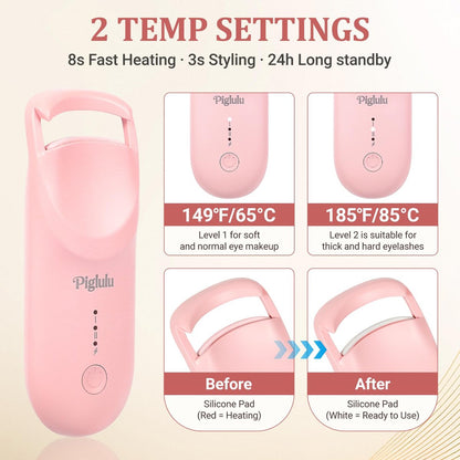 Heated Eyelash Curler - Mini Electric Lash Curler with Fast Heating, 2-Level Temp Control, Anti-Burn Silicone Pad, Type-C Charging - Pink