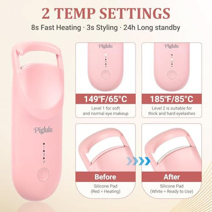 Heated Eyelash Curler - Mini Electric Lash Curler with Fast Heating, 2-Level Temp Control, Anti-Burn Silicone Pad, Type-C Charging - Pink