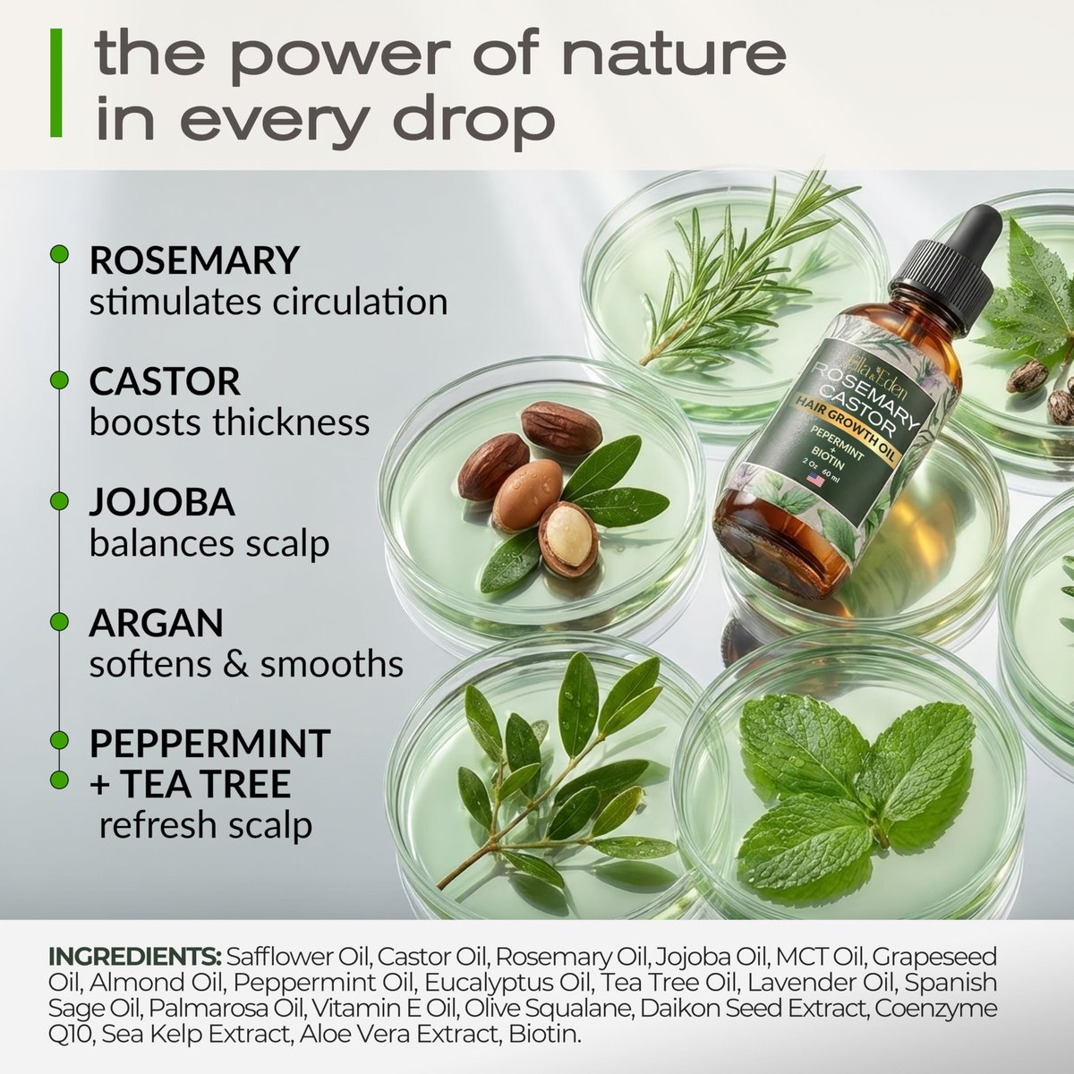 Ella & Eden Hair Growth Oil with Rosemary, Castor, Peppermint Oils & Biotin - Dry Scalp Treatment - Strengthening, Repairing, Soothing - 2 Fl Oz Glass Bottle - görsel 5