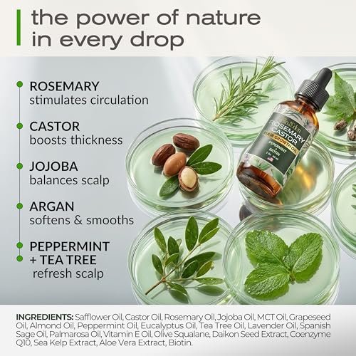 Ella & Eden Hair Growth Oil with Rosemary, Castor, Peppermint Oils & Biotin - Dry Scalp Treatment - Strengthening, Repairing, Soothing - 2 Fl Oz Glass Bottle - görsel 6