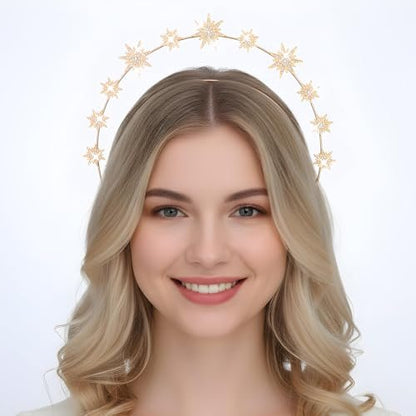 Tweruna Gold Halo Headband - Crystal Star Halo Crown, 4.9 Inches Gold Rhinestone Goddess Headpiece for Women Bridal Wedding Cosplay Party Avelisse
