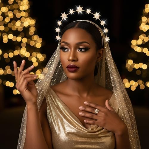 Tweruna Gold Halo Headband - Crystal Star Halo Crown, 4.9 Inches Gold Rhinestone Goddess Headpiece for Women Bridal Wedding Cosplay Party Avelisse