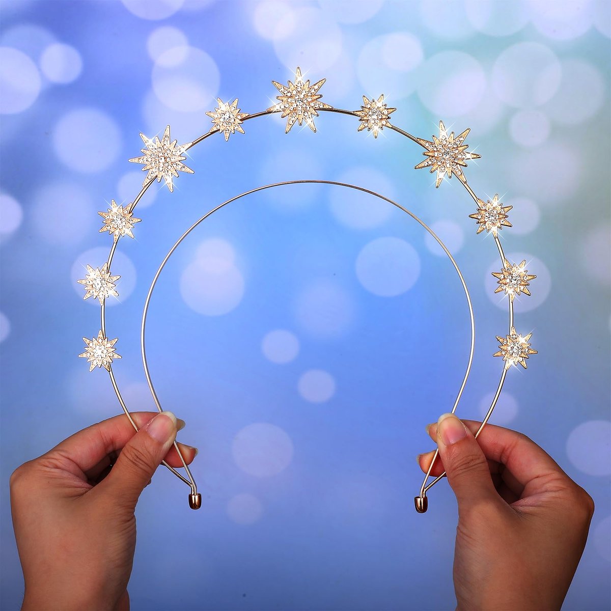 Tweruna Gold Halo Headband - Crystal Star Halo Crown, 4.9 Inches Gold Rhinestone Goddess Headpiece for Women Bridal Wedding Cosplay Party Avelisse