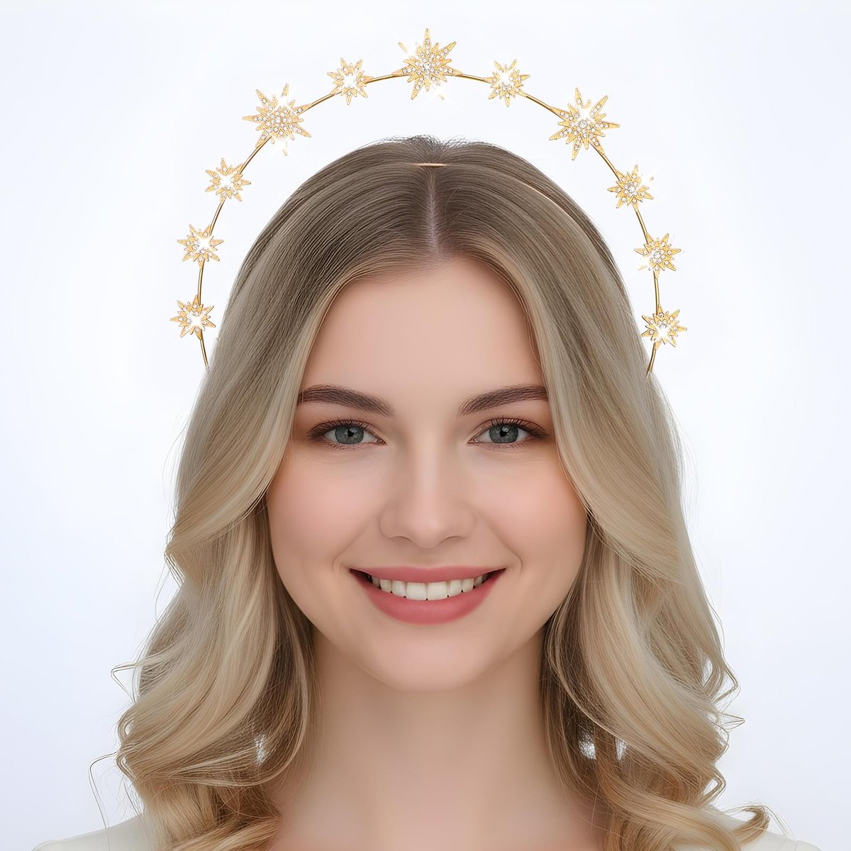 Tweruna Gold Halo Headband - Crystal Star Halo Crown, 4.9 Inches Gold Rhinestone Goddess Headpiece for Women Bridal Wedding Cosplay Party Avelisse